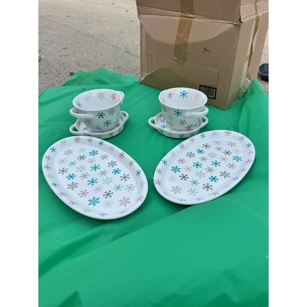Temp-tations Snowflake 6pc Set 2 Bowls w/ Saucers &‎ 2 Oval Platters Christmas